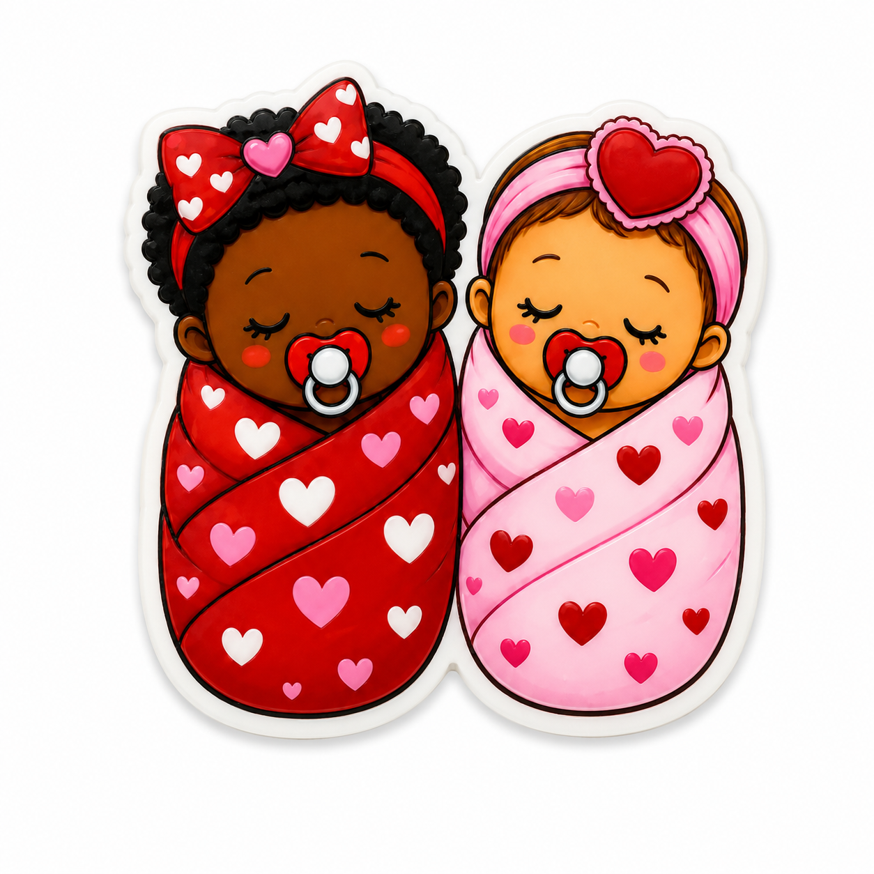 Valentine's Day Baby plastic add-on featuring two swaddled babies wrapped in heart-patterned blankets, compatible with interchangeable badge reel bases for NICU and Labor & Delivery staff.