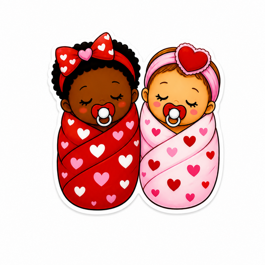 Valentine's Day Baby plastic add-on featuring two swaddled babies wrapped in heart-patterned blankets, compatible with interchangeable badge reel bases for NICU and Labor & Delivery staff.
