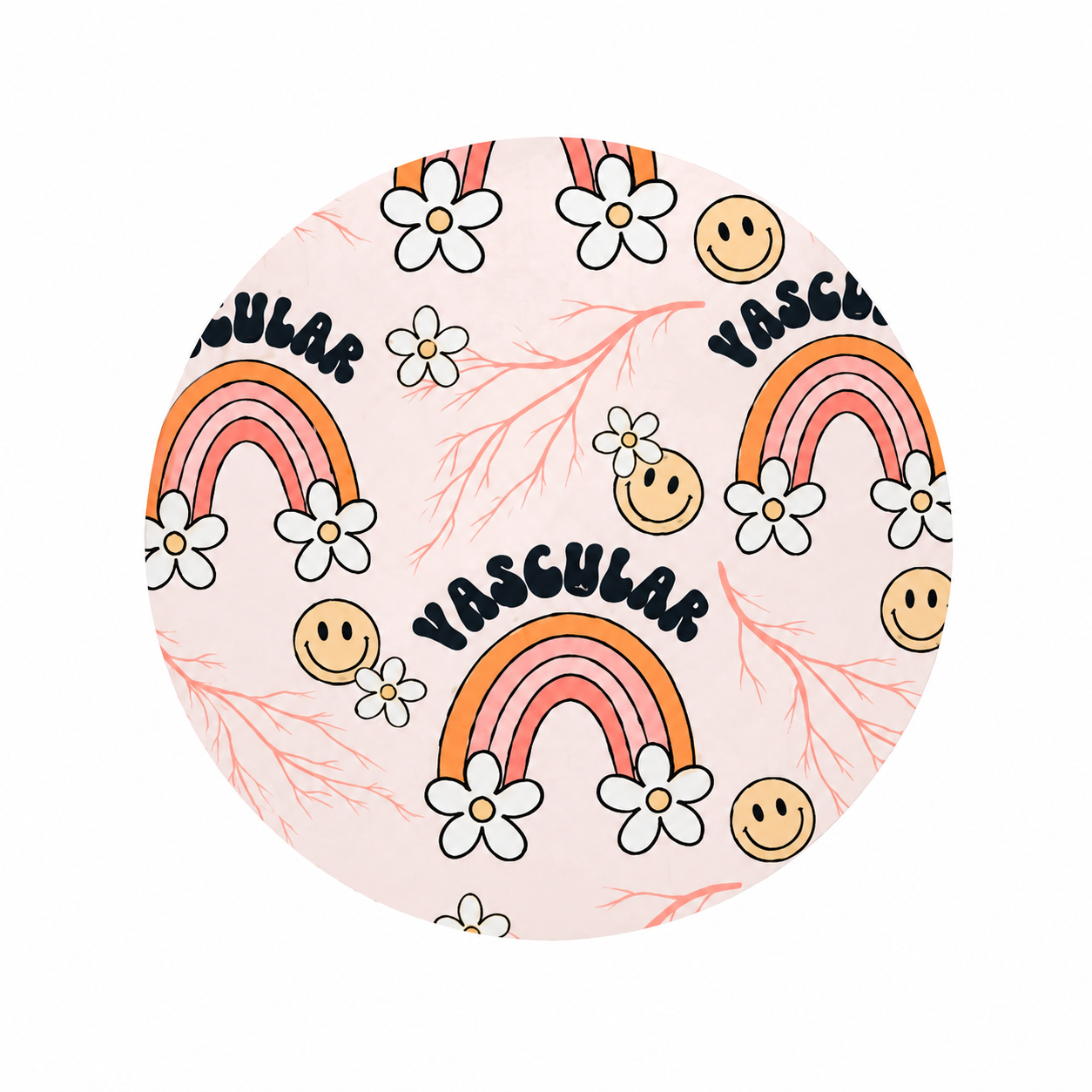 Vascular hard board add-on featuring the word "VASCULAR" with rainbows, daisies, smiley faces, and vascular illustrations, compatible with interchangeable badge reel bases.
