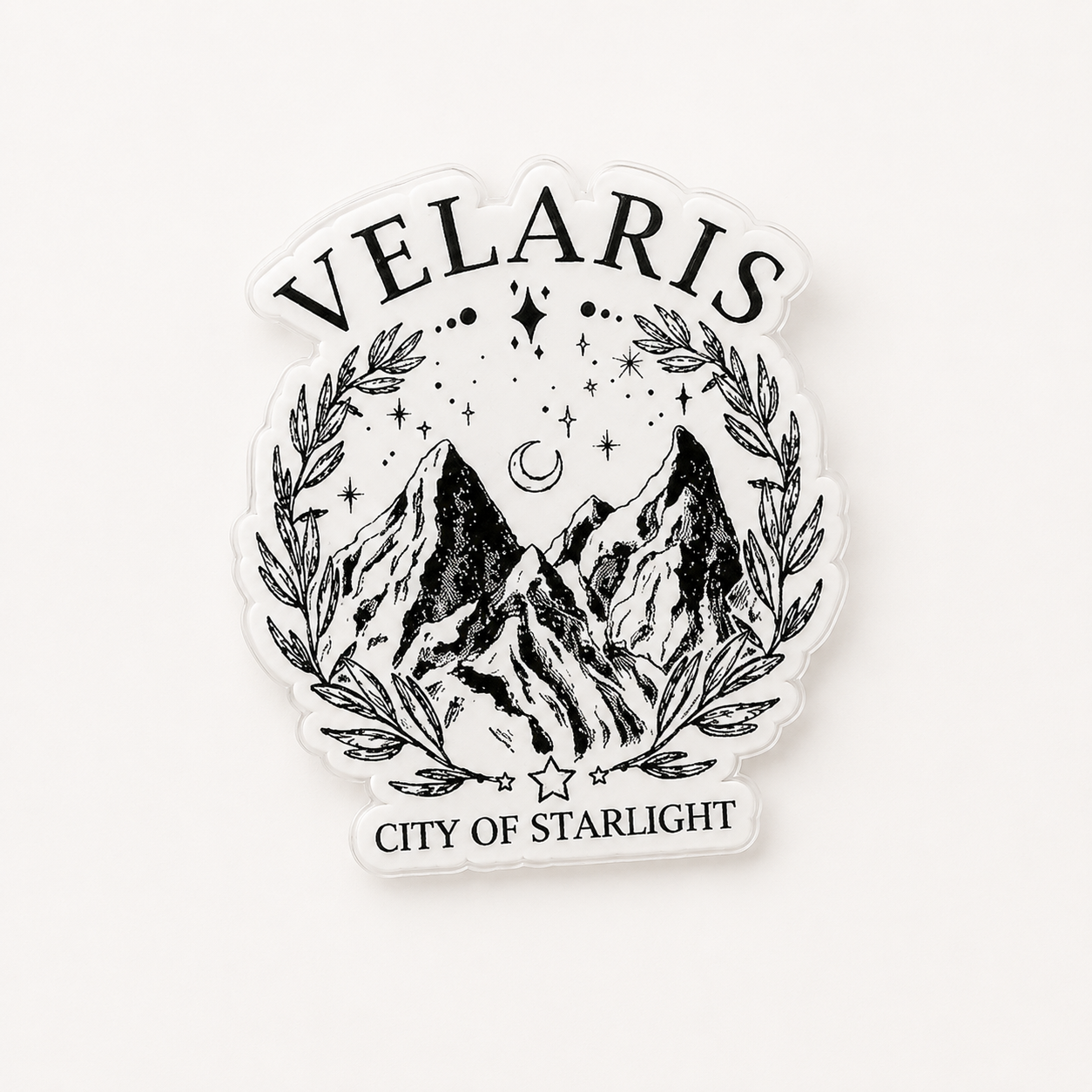 Velaris City of Starlight plastic add-on with fantasy mountain and celestial design for compatible interchangeable badge reel bases