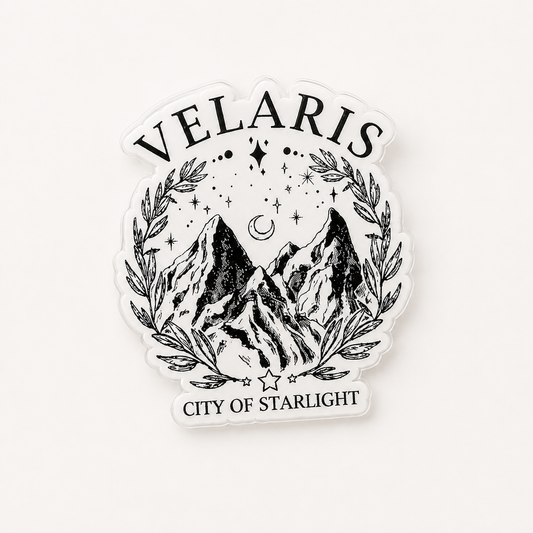 Velaris City of Starlight plastic add-on with fantasy mountain and celestial design for compatible interchangeable badge reel bases