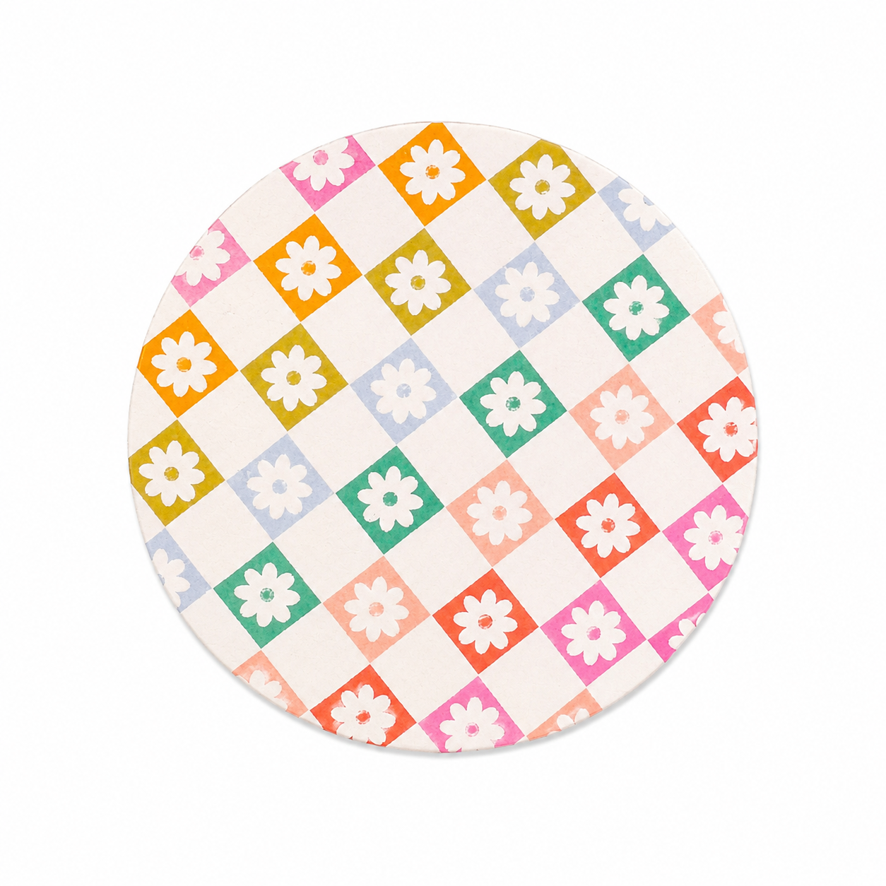 Retro daisy checkerboard hard board add-on featuring white flowers and colorful mustard, teal, blue, coral, and pink squares, compatible with interchangeable badge reel bases.