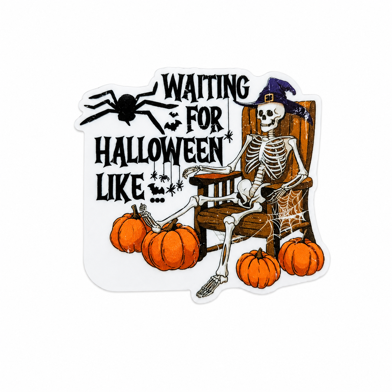 WAITING FOR HALLOWEEN LIKE plastic add-on featuring a skeleton in a rocking chair with pumpkins, spiderwebs, spider, and witch hat, compatible with interchangeable badge reel bases