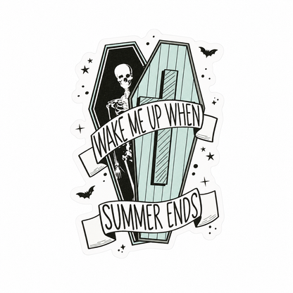 Wake Me Up When Summer Ends plastic add-on with skeleton in coffin, bats, and stars, compatible with interchangeable badge reel bases.