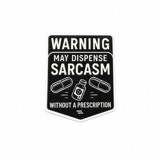 WARNING MAY DISPENSE SARCASM WITHOUT A PRESCRIPTION plastic add-on featuring pill capsules and prescription bottle, compatible with interchangeable badge reel bases, funny healthcare worker accessory
