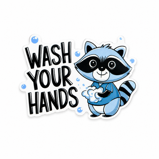 Wash Your Hands raccoon plastic add-on with cute handwashing design for compatible interchangeable badge reel bases