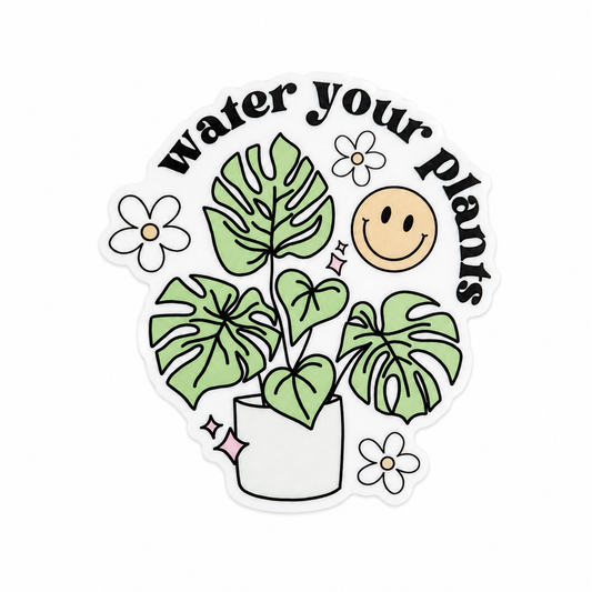 Water Your Plants plastic add-on with houseplants, flowers, and smiley face, compatible with interchangeable badge reel bases.