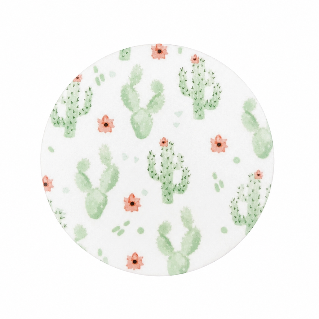 Watercolor Cactus hard board add-on featuring soft green cacti and peach flowers, compatible with interchangeable badge reel bases for a boho botanical look.