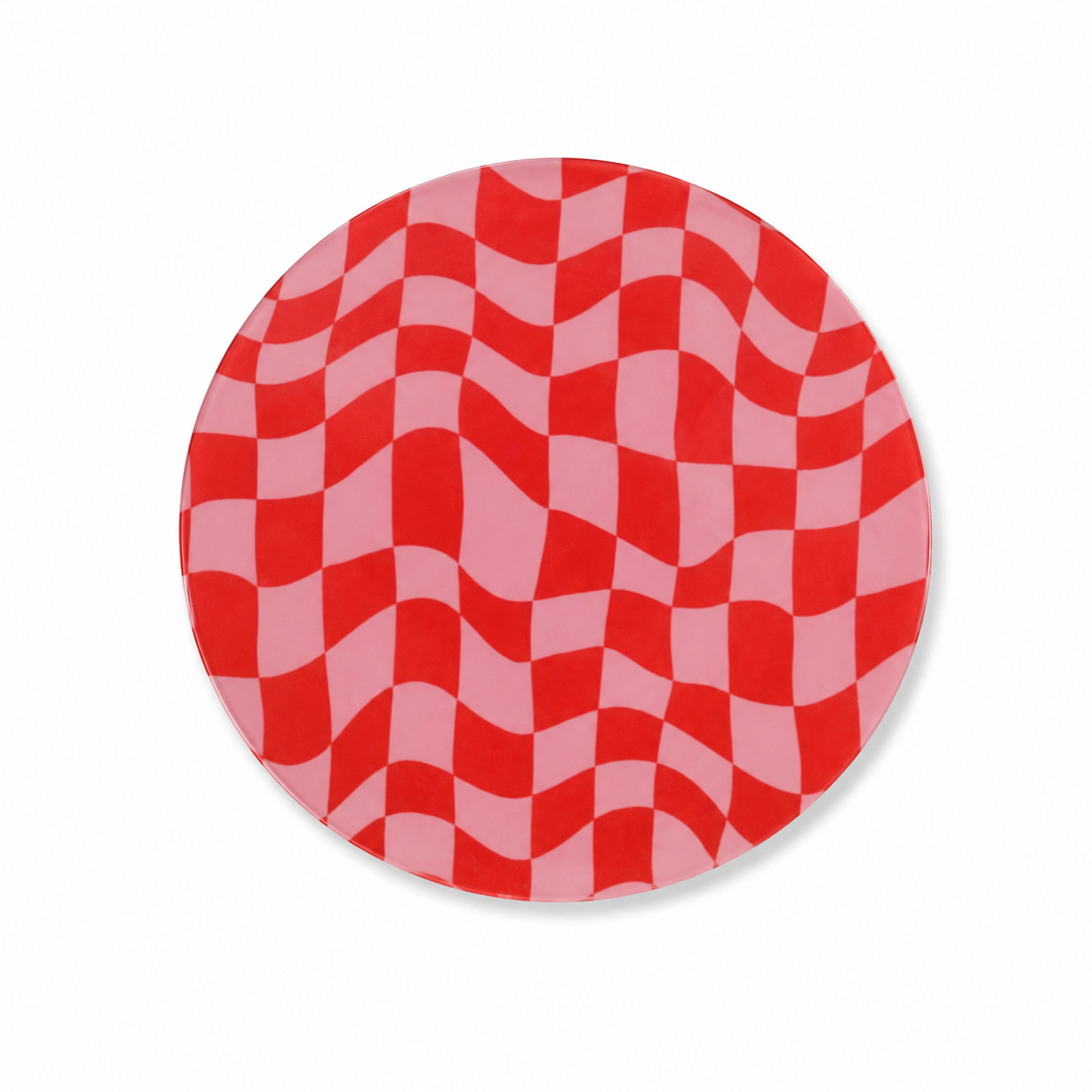 Wavy checkerboard hard board add-on with a red and pink optical pattern, compatible with interchangeable badge reel bases for retro and groovy style lovers.