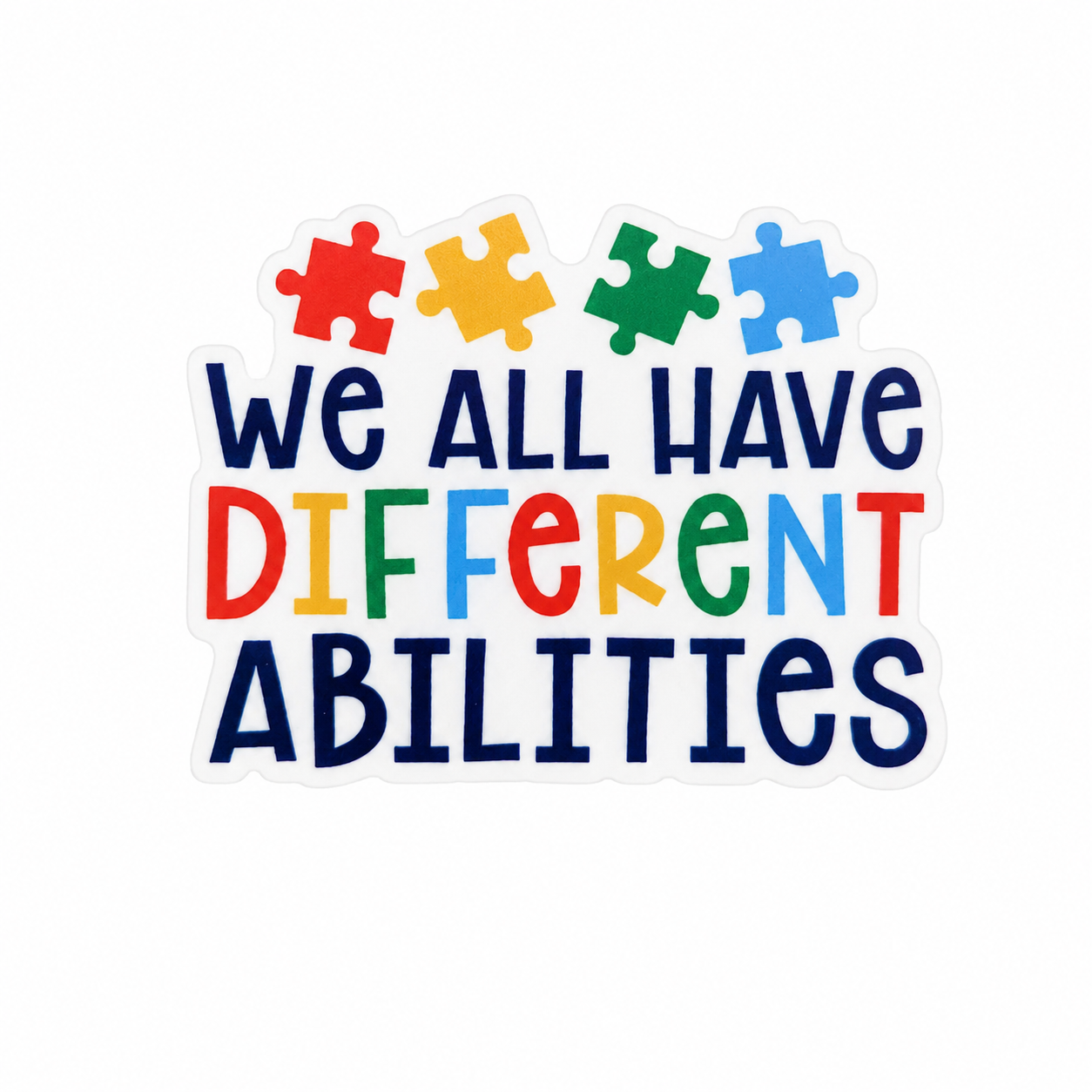 We All Have Different Abilities plastic add-on with colorful puzzle pieces and autism awareness message, compatible with interchangeable badge reel bases.