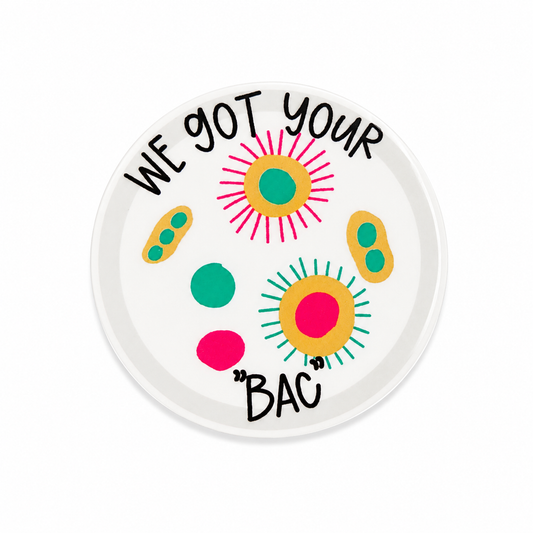 WE got your "BAC" plastic add-on with petri dish and colorful bacteria design, compatible with interchangeable badge reel bases, perfect lab tech accessory.
