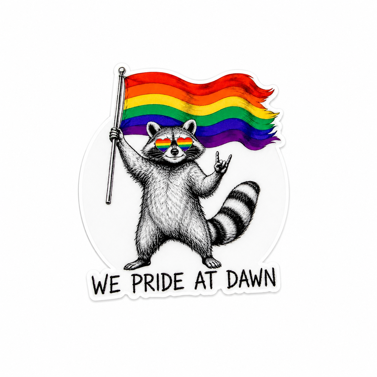 WE PRIDE AT DAWN plastic add-on featuring a raccoon wearing rainbow sunglasses and holding a rainbow pride flag, compatible with interchangeable badge reel bases