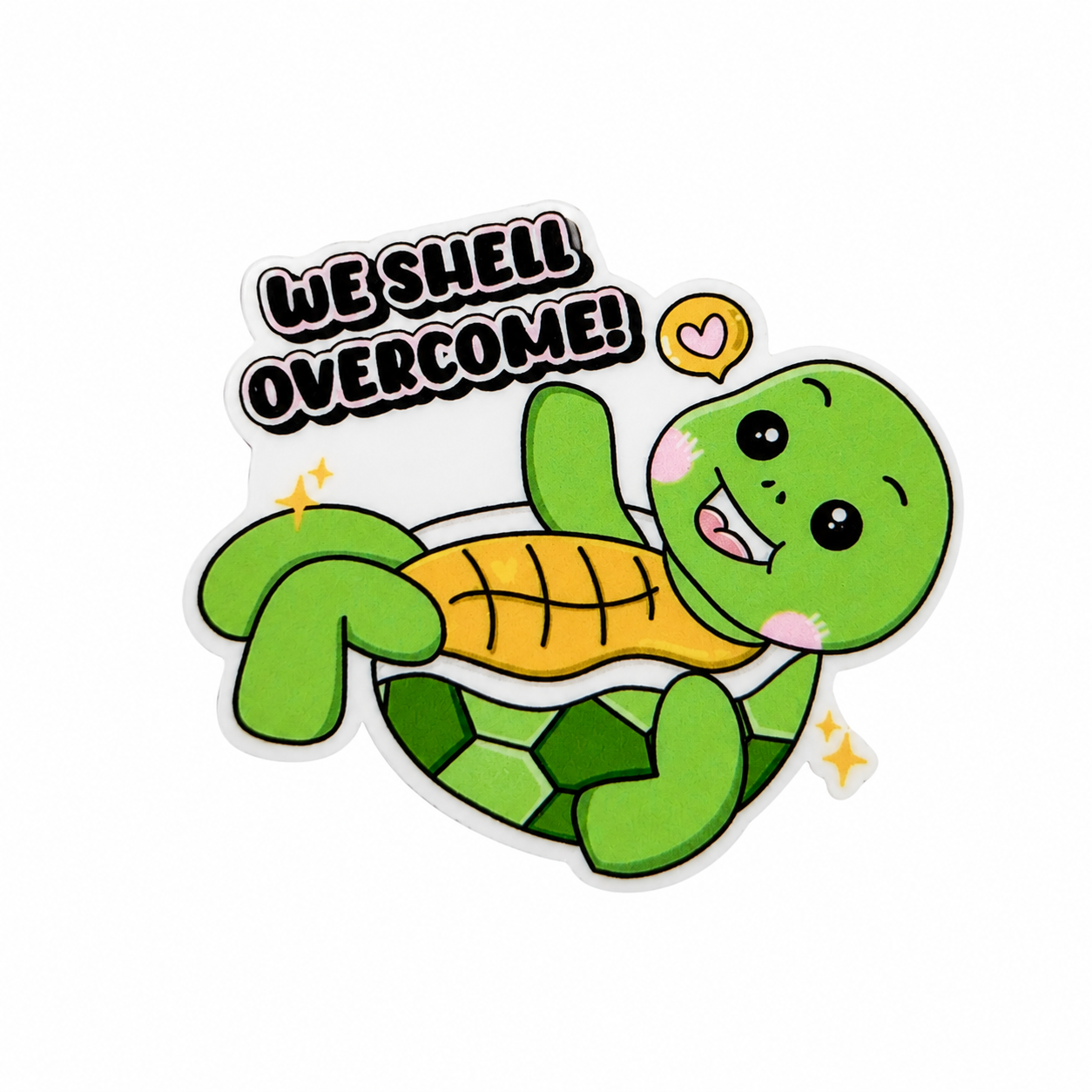 We Shell Overcome plastic add-on featuring a smiling green turtle with inspirational text compatible with interchangeable badge reel bases, cute animal lover accessory