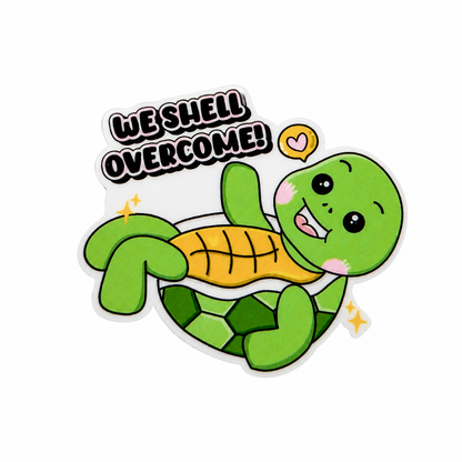 We Shell Overcome plastic add-on featuring a smiling green turtle with inspirational text compatible with interchangeable badge reel bases, cute animal lover accessory