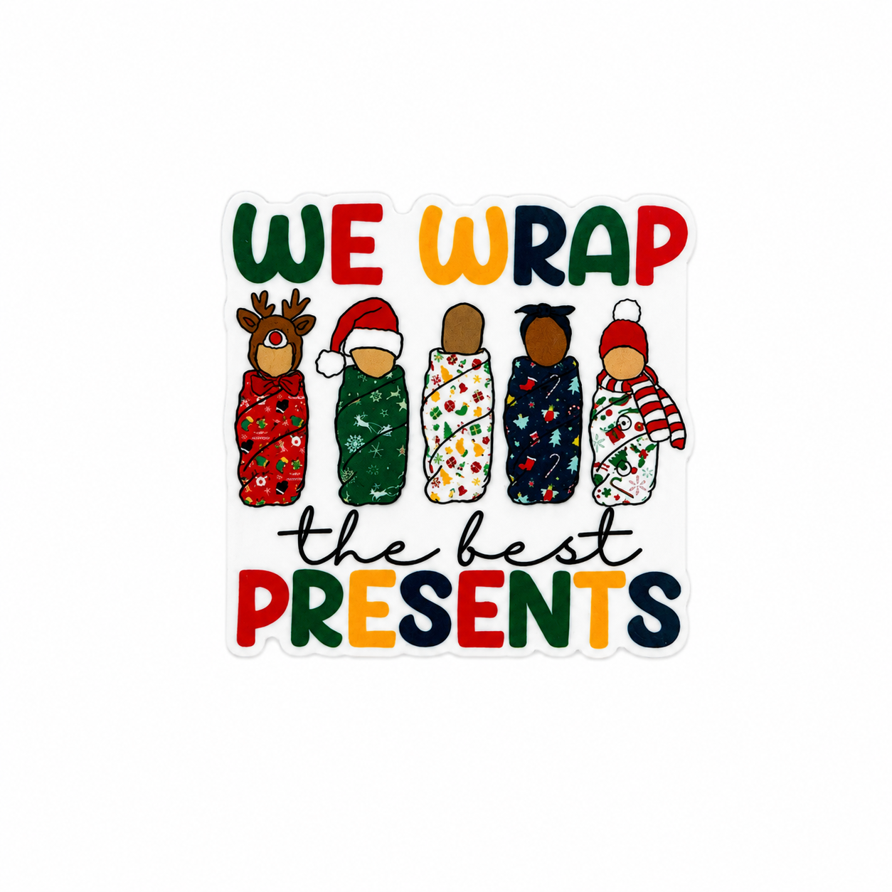Plastic add-on featuring swaddled Christmas babies and the phrase WE WRAP the best PRESENTS, compatible with interchangeable badge reel bases, perfect for Labor and Delivery and NICU nurses.