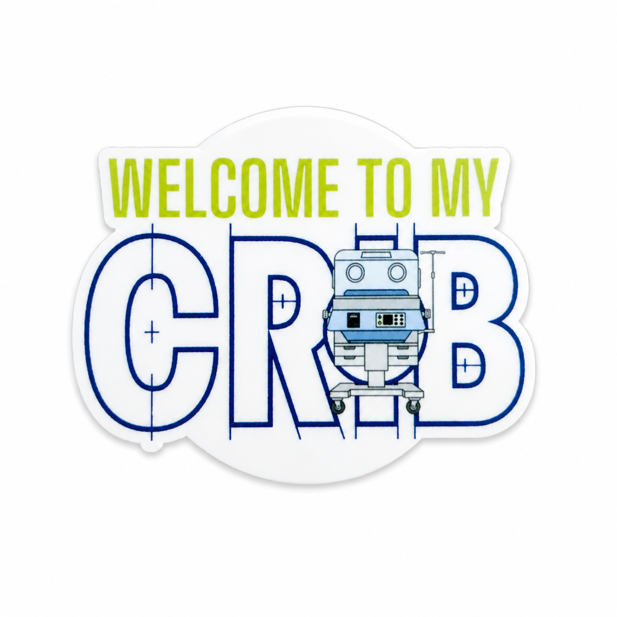 Welcome to My Crib NICU plastic add-on with a tiny crib design and playful medical theme, compatible with interchangeable badge reel bases for nurses and healthcare workers