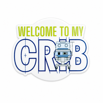 Welcome to My Crib NICU plastic add-on with a tiny crib design and playful medical theme, compatible with interchangeable badge reel bases for nurses and healthcare workers