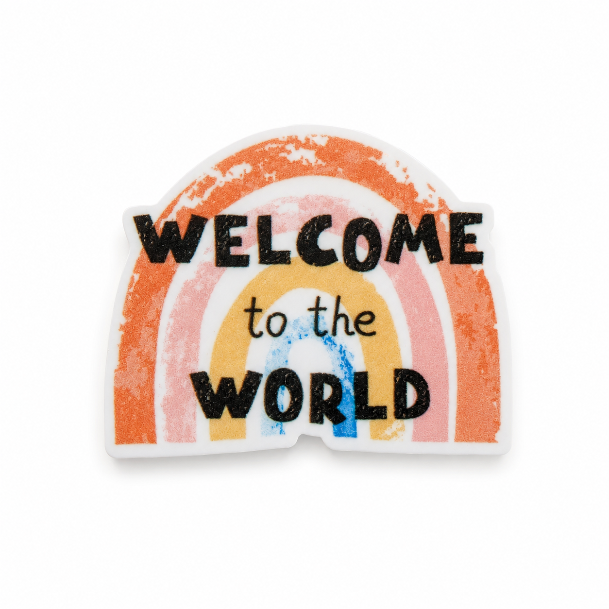 Welcome to the World plastic add-on with a pastel rainbow design, compatible with interchangeable badge reel bases, perfect for newborn baby gifts.