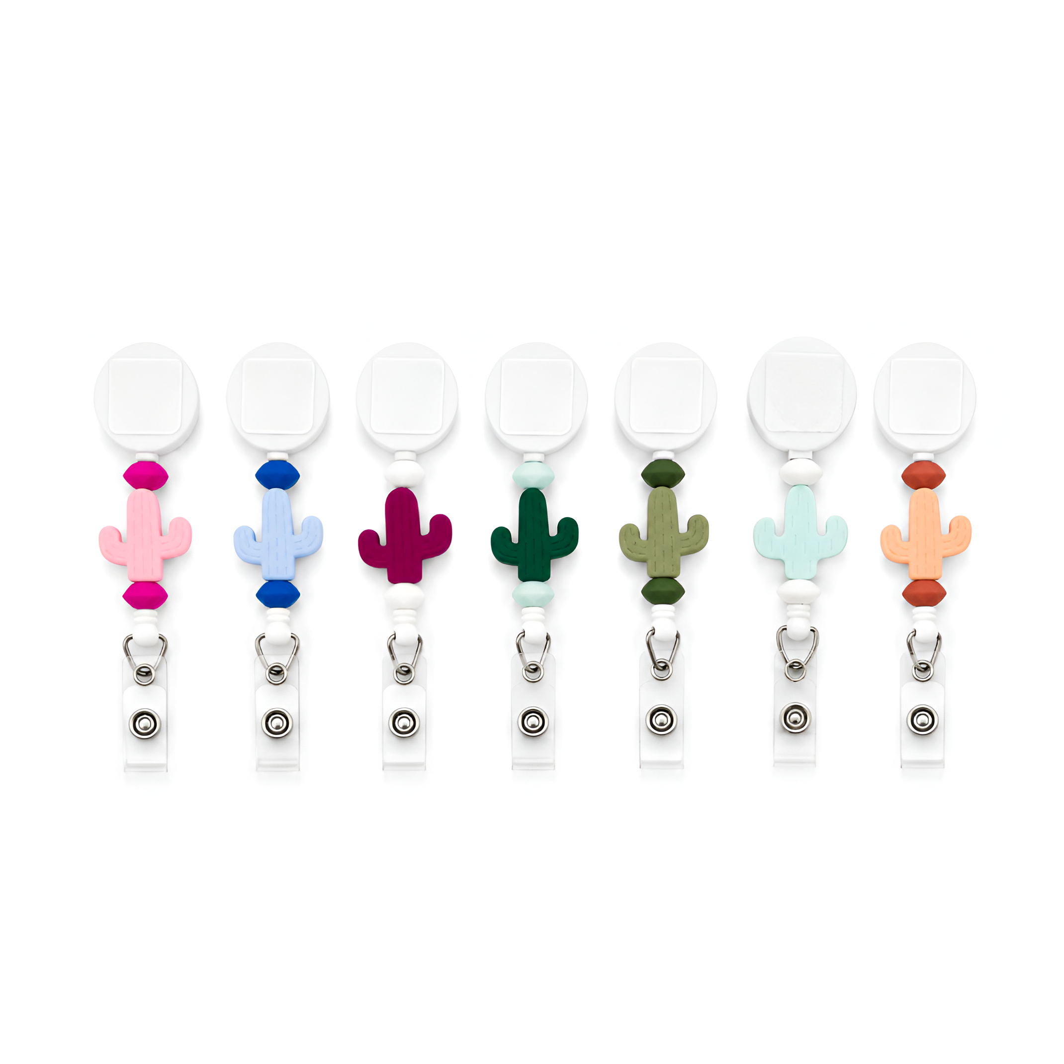 Interchangeable cactus badge reel featuring colorful silicone cactus designs and coordinating beads with a retractable badge holder for nurses, teachers, healthcare workers, veterinary professionals, and office staff.