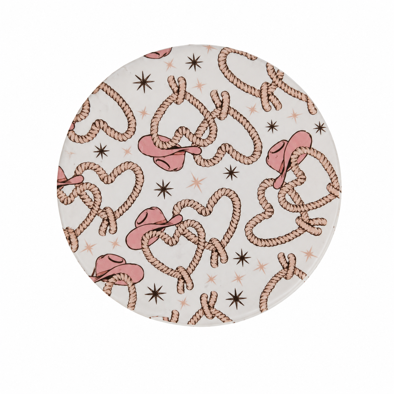 Pink Cowgirl Rope hard board add-on featuring pink cowboy hats, rope lassos, and western stars, compatible with interchangeable badge reel bases.