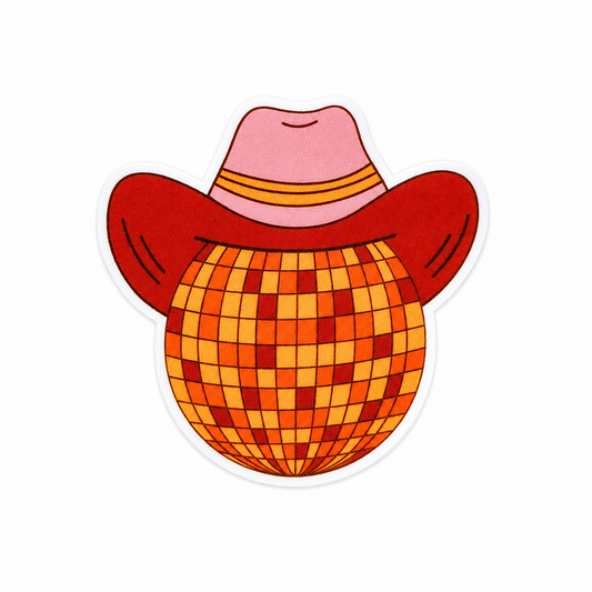 Western Disco Cowgirl Hat plastic add-on with orange disco ball pattern, red cowgirl hat, and pink accent, compatible with interchangeable badge reel bases.