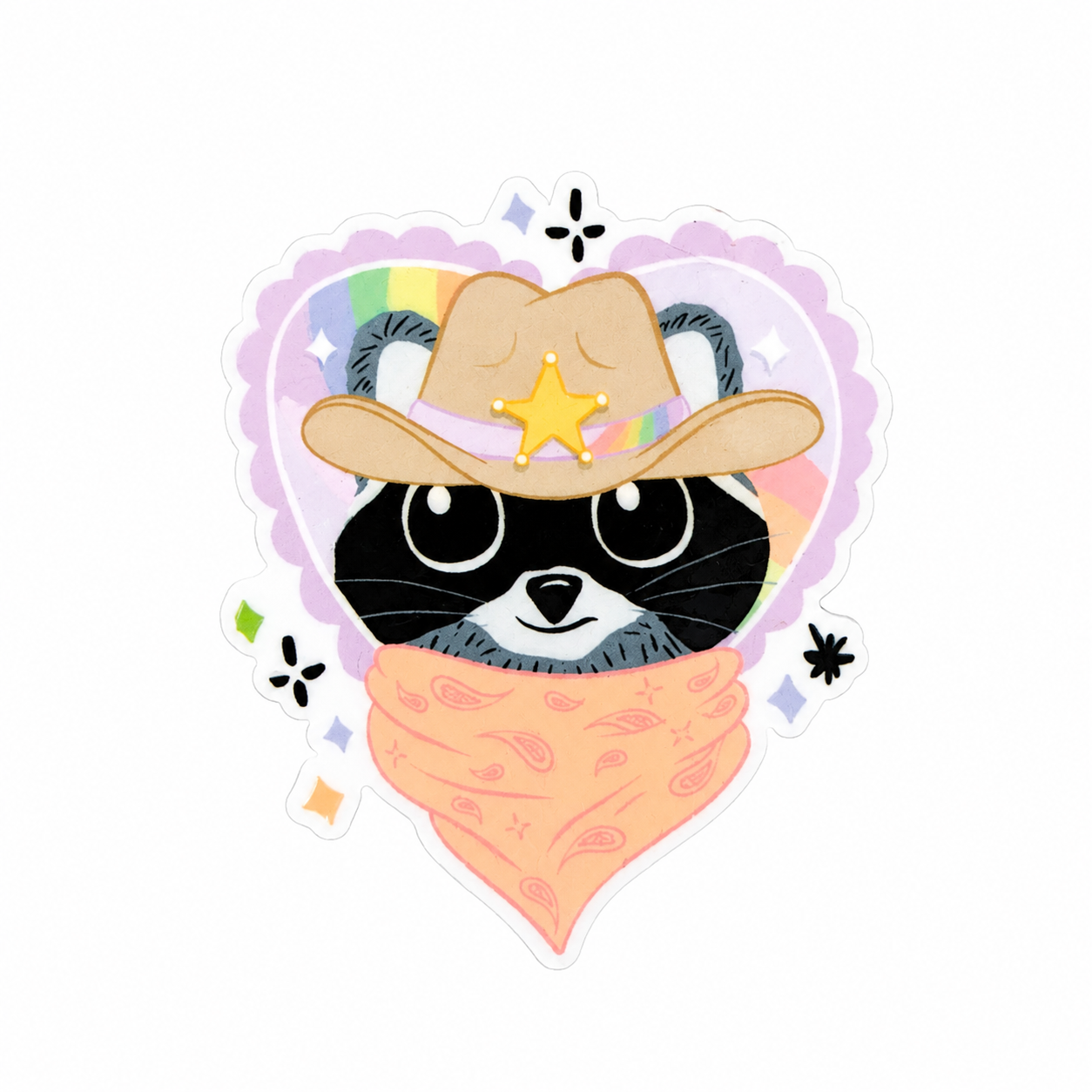 Cowboy raccoon plastic add-on featuring a raccoon wearing a western hat and bandana, compatible with interchangeable badge reel bases and perfect for animal lovers