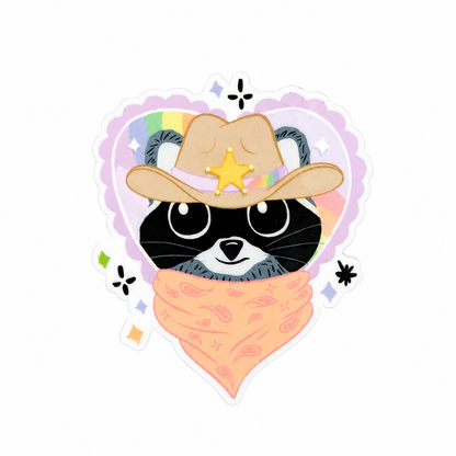 Cowboy raccoon plastic add-on featuring a raccoon wearing a western hat and bandana, compatible with interchangeable badge reel bases and perfect for animal lovers