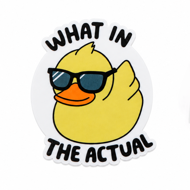 WHAT IN THE ACTUAL plastic add-on with duck wearing sunglasses, compatible with interchangeable badge reel bases as a funny duck lover accessory
