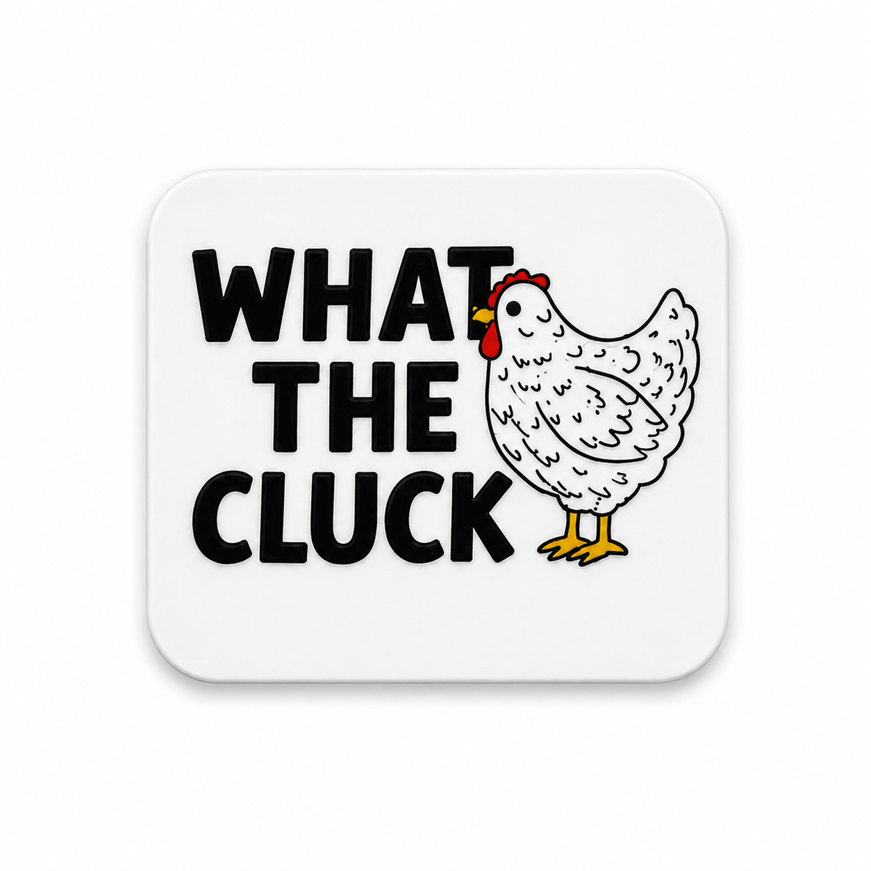 What The Cluck chicken plastic add-on featuring funny chicken design compatible with interchangeable badge reel bases for nurses healthcare workers and hospital staff