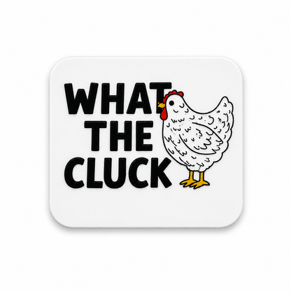 What The Cluck chicken plastic add-on featuring funny chicken design compatible with interchangeable badge reel bases for nurses healthcare workers and hospital staff