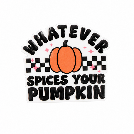 WHATEVER SPICES YOUR PUMPKIN plastic add-on with orange pumpkin, checker detail, and pink sparkles, compatible with interchangeable badge reel bases.