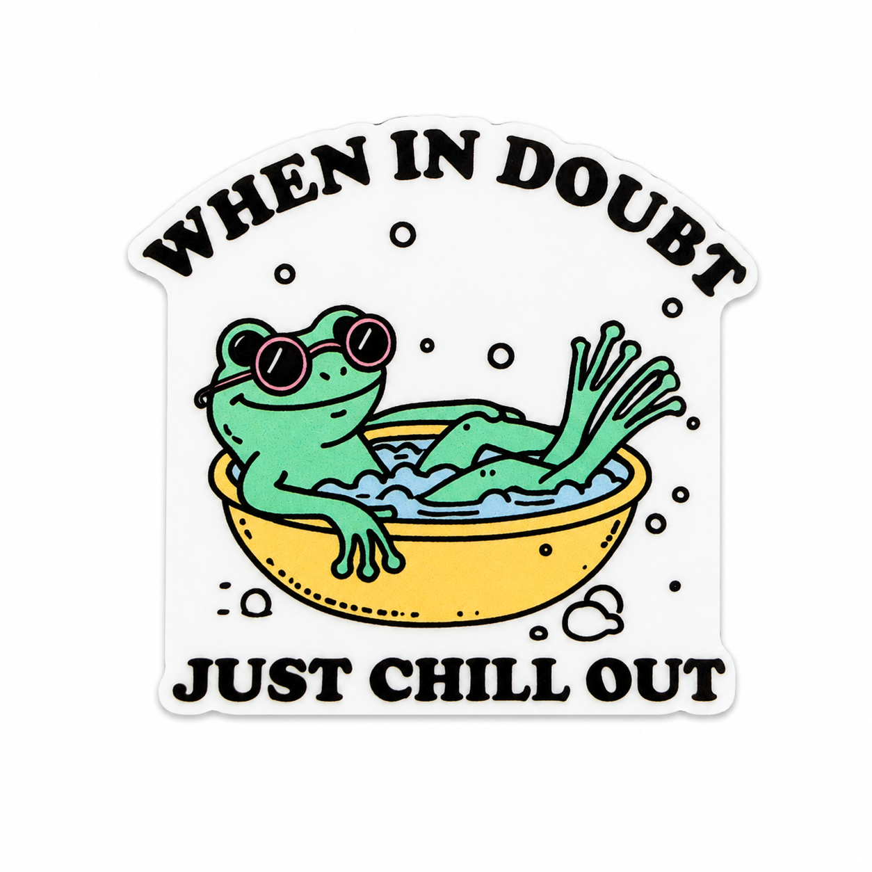 Plastic add-on featuring a frog relaxing in a bubble bath with sunglasses and the phrase "WHEN IN DOUBT JUST CHILL OUT," compatible with interchangeable badge reel bases.