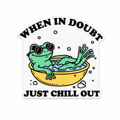 Plastic add-on featuring a frog relaxing in a bubble bath with sunglasses and the phrase "WHEN IN DOUBT JUST CHILL OUT," compatible with interchangeable badge reel bases.