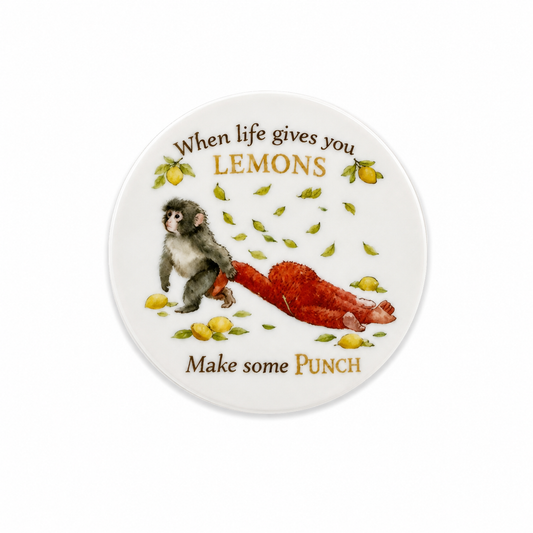 When Life Gives You Lemons Make Some Punch plastic add-on featuring a funny monkey and watercolor lemon design for compatible interchangeable badge reel bases
