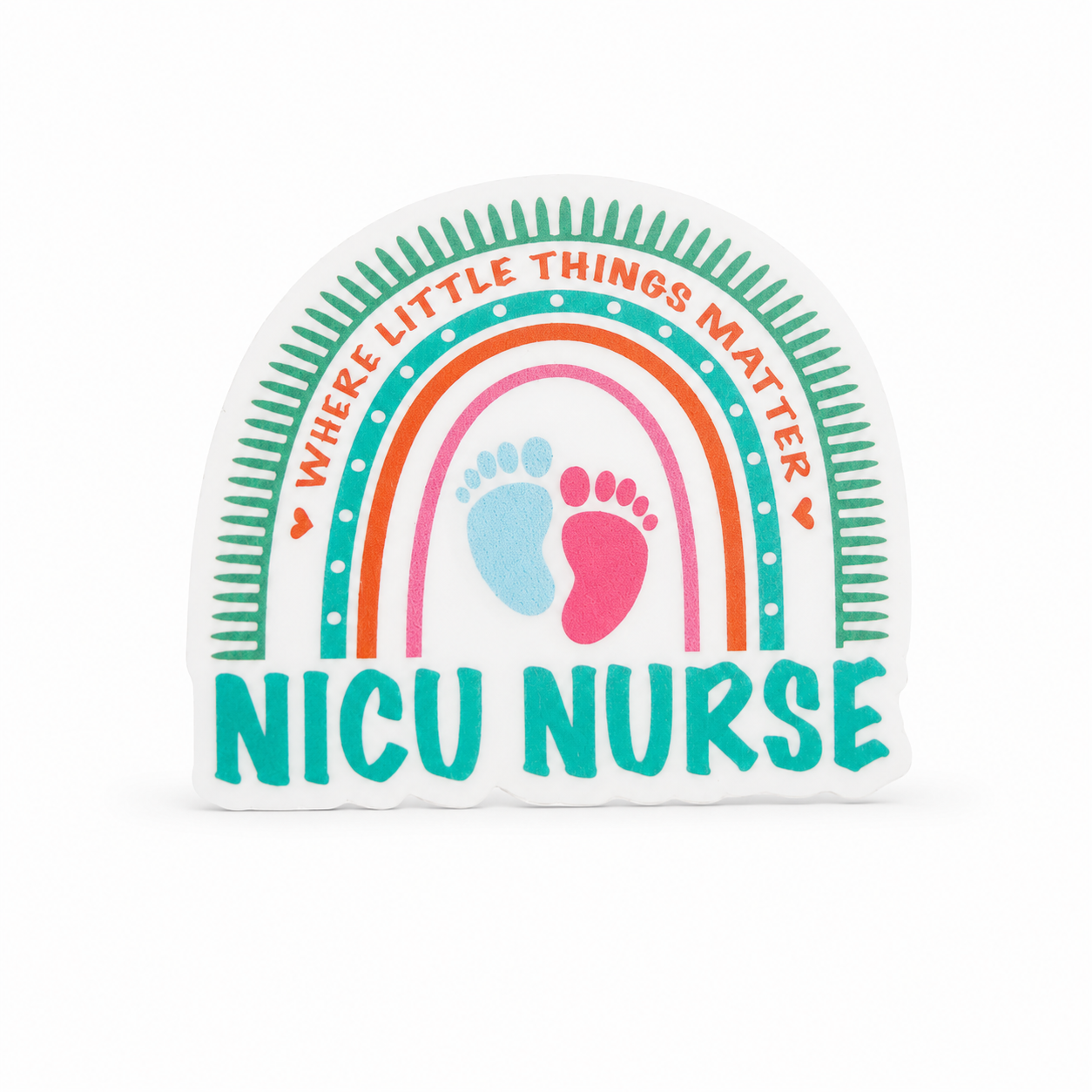 WHERE LITTLE THINGS MATTER NICU NURSE plastic add-on with rainbow and baby footprints, compatible with interchangeable badge reel bases.