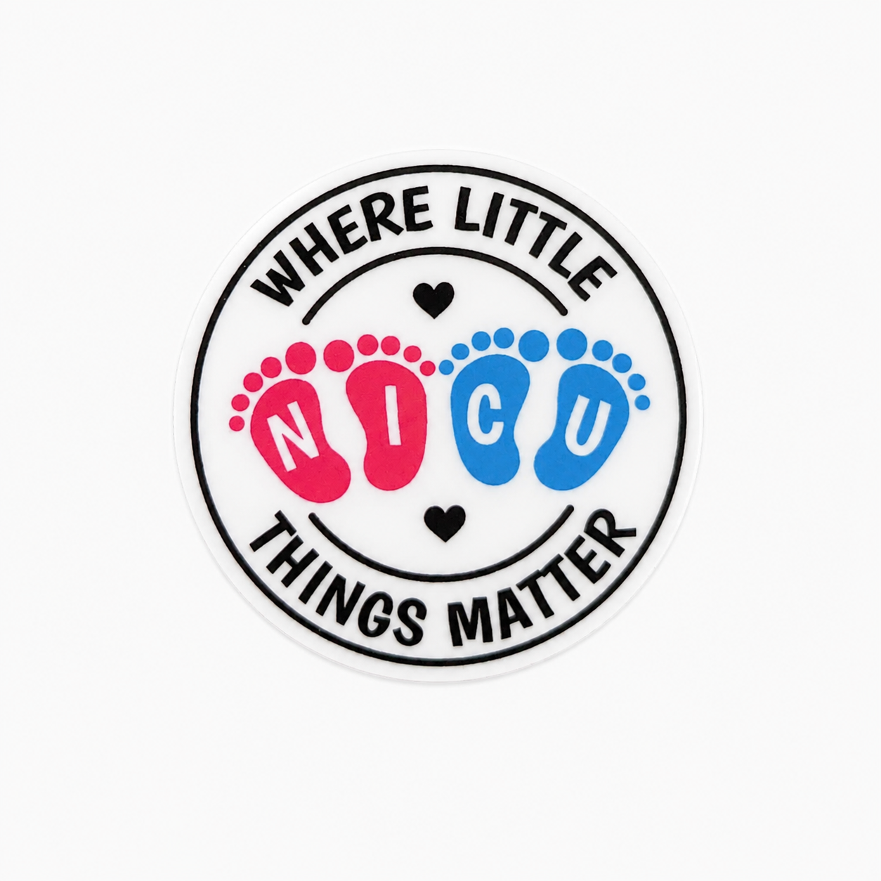 Where Little Things Matter plastic add-on with pink and blue baby footprints, compatible with interchangeable badge reel bases, NICU nurse accessory.