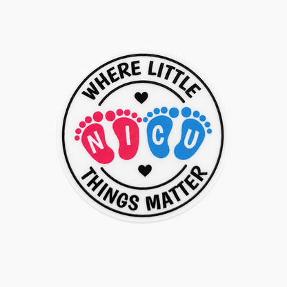 Where Little Things Matter plastic add-on with pink and blue baby footprints, compatible with interchangeable badge reel bases, NICU nurse accessory.