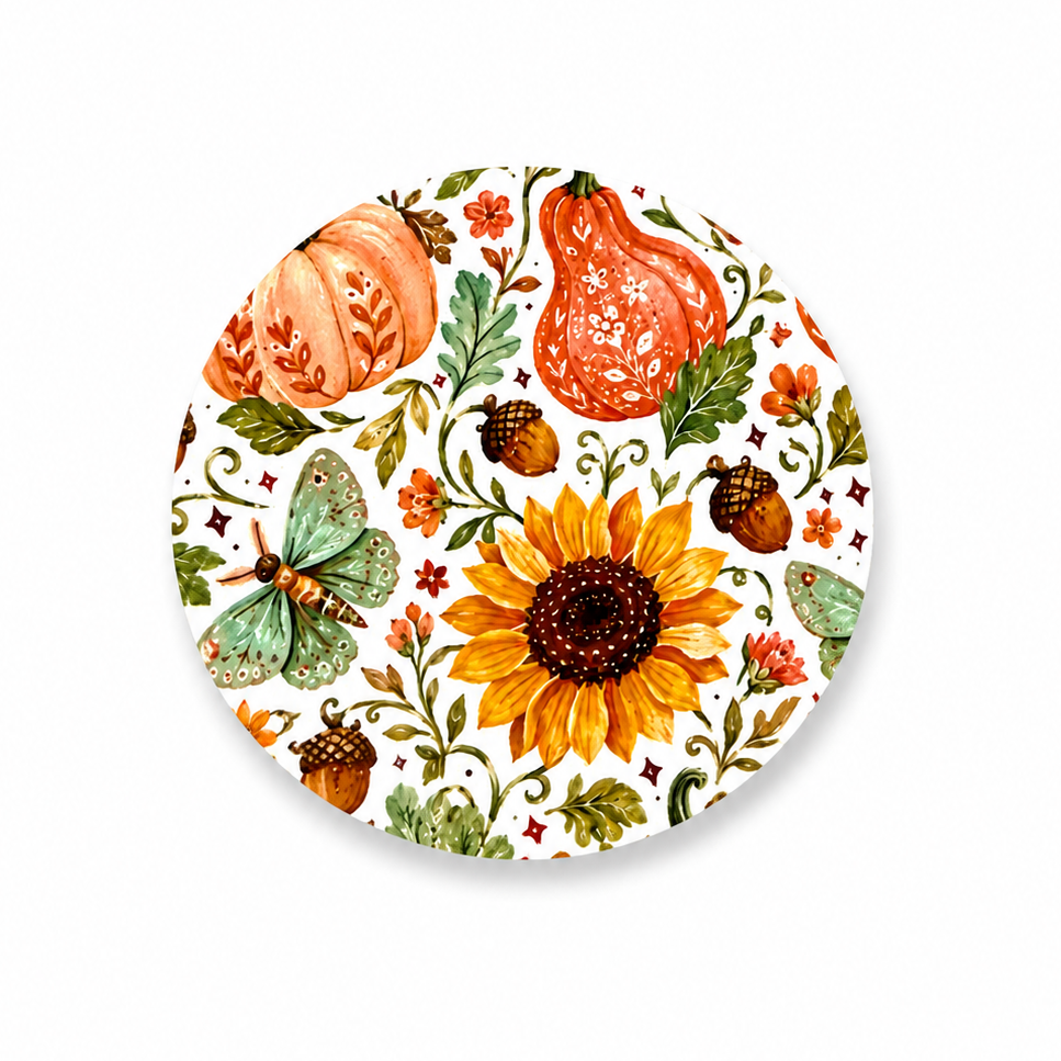 Hard board add-on featuring watercolor pumpkins, sunflower, butterflies, acorns, autumn leaves, and florals, compatible with interchangeable badge reel bases for a cozy fall-inspired accessory.