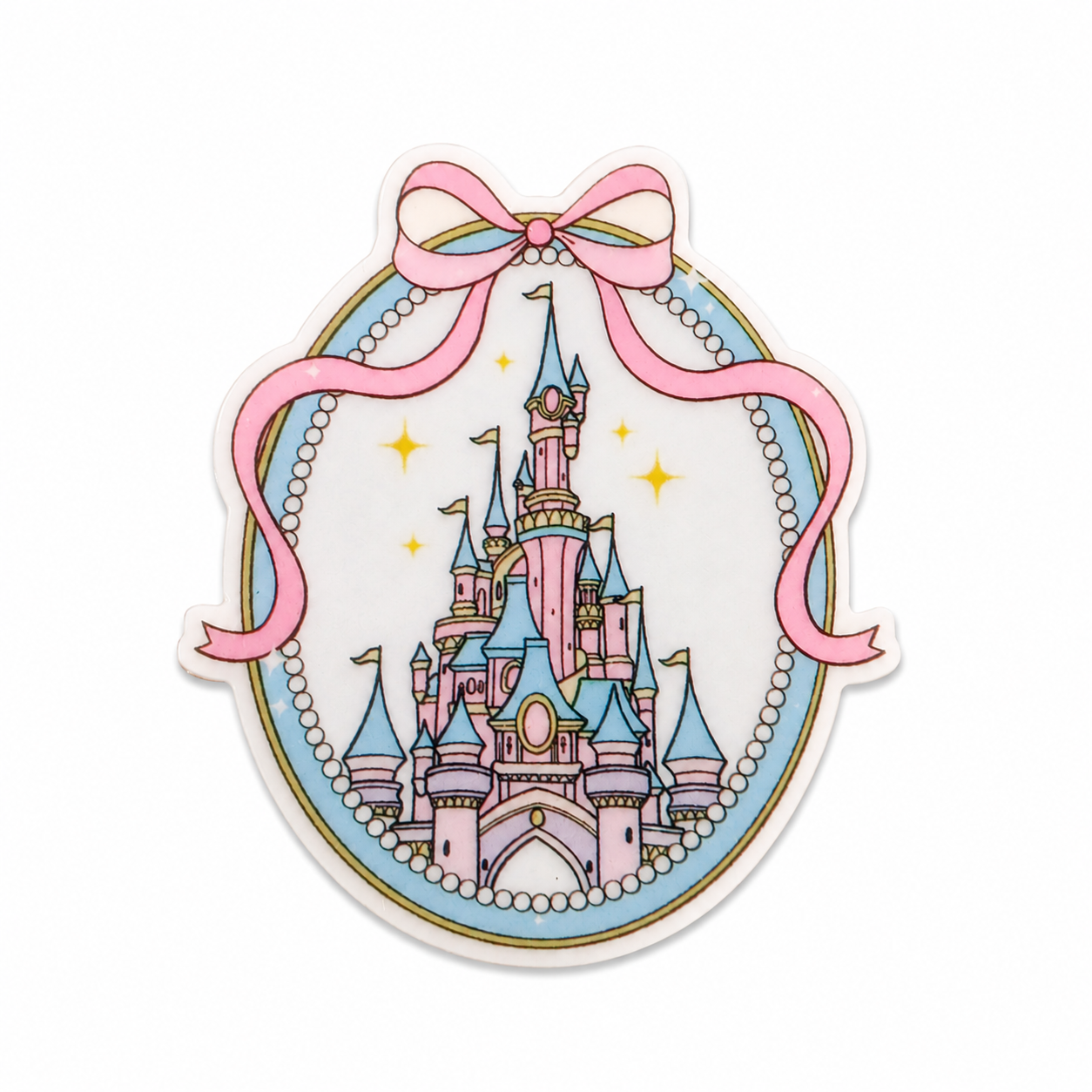 Whimsical pastel castle plastic add-on with pink bow and pearl details, compatible with interchangeable badge reel bases