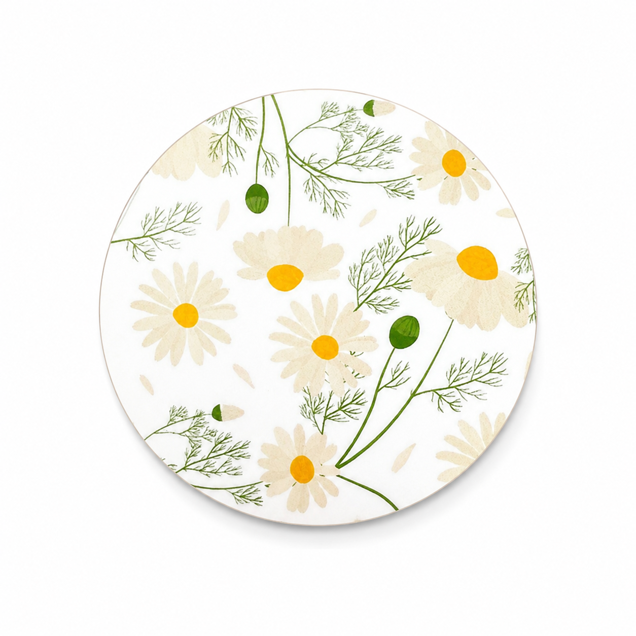 Chamomile daisy hard board add-on featuring white and cream flowers with yellow centers and green botanical stems, compatible with interchangeable badge reel bases.