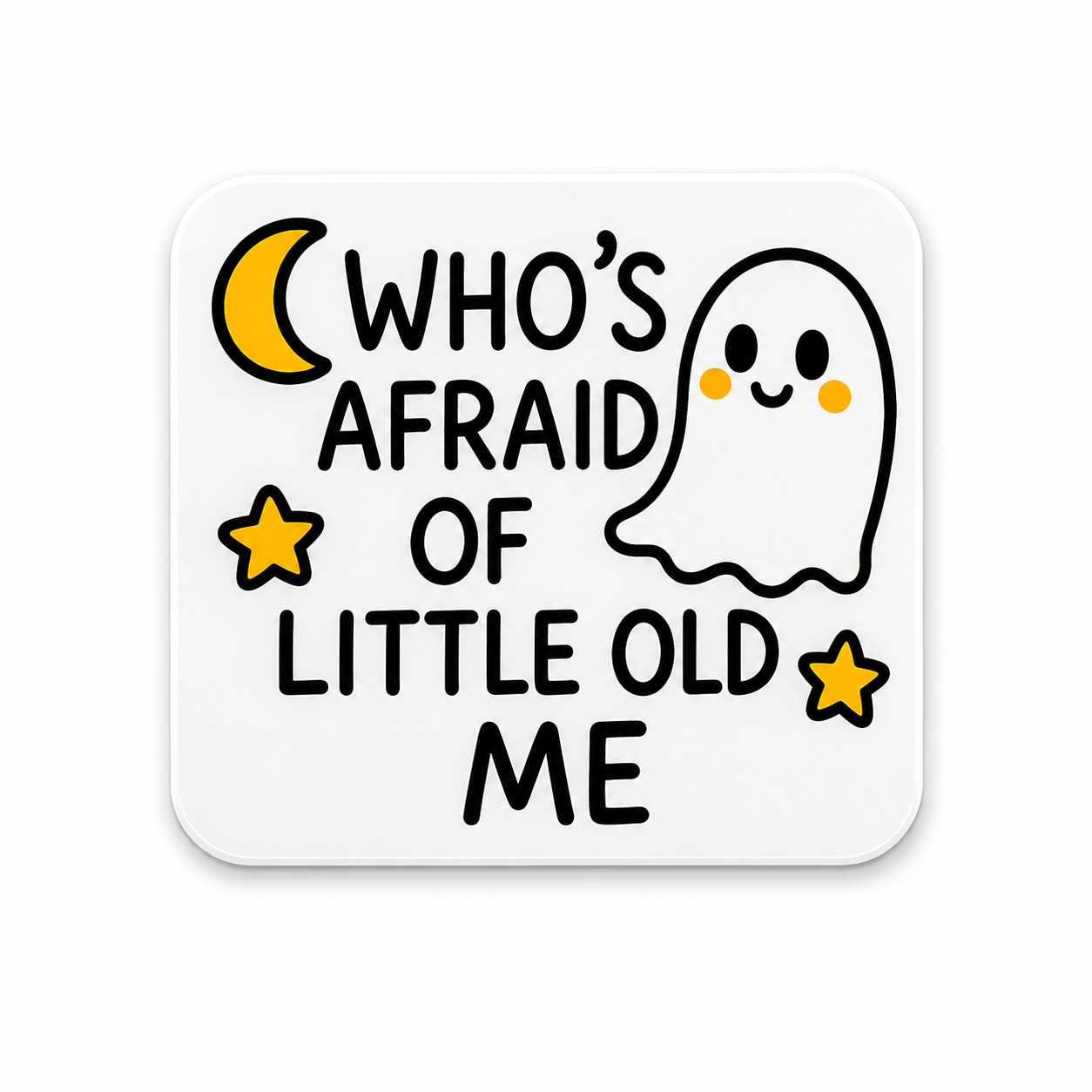 Who’s Afraid of Little Old Me ghost plastic add-on with moon and stars spooky cute Halloween design compatible with interchangeable badge reel bases