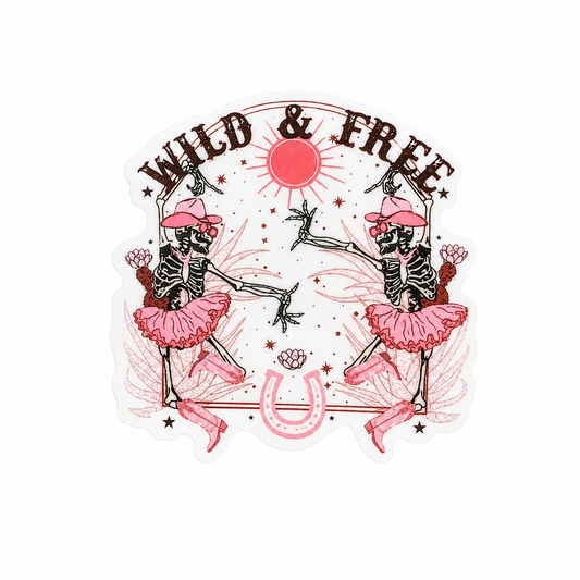 WILD & FREE plastic add-on with western skeletons, pink outfits, hats, horseshoe, and stars, compatible with interchangeable badge reel bases.