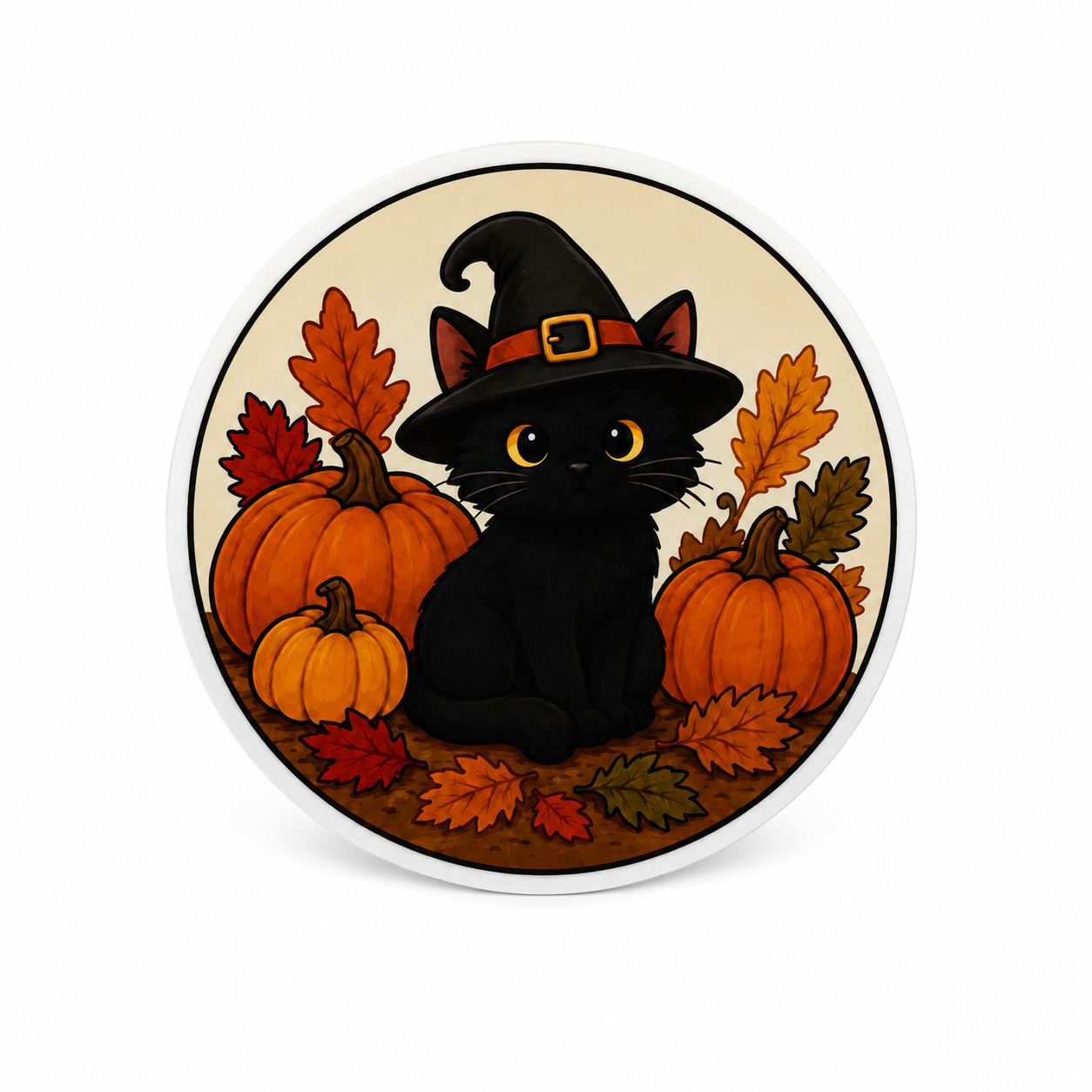 Witch Black Cat plastic add-on with a cute black cat in a witch hat, pumpkins, and fall leaves, compatible with interchangeable badge reel bases.