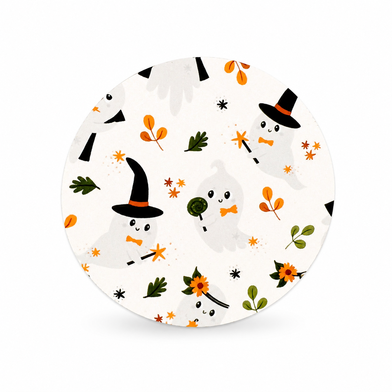 Cute witch ghost hard board add-on featuring white ghosts in black witch hats with orange bows, stars, leaves, and flowers, compatible with interchangeable badge reel bases.