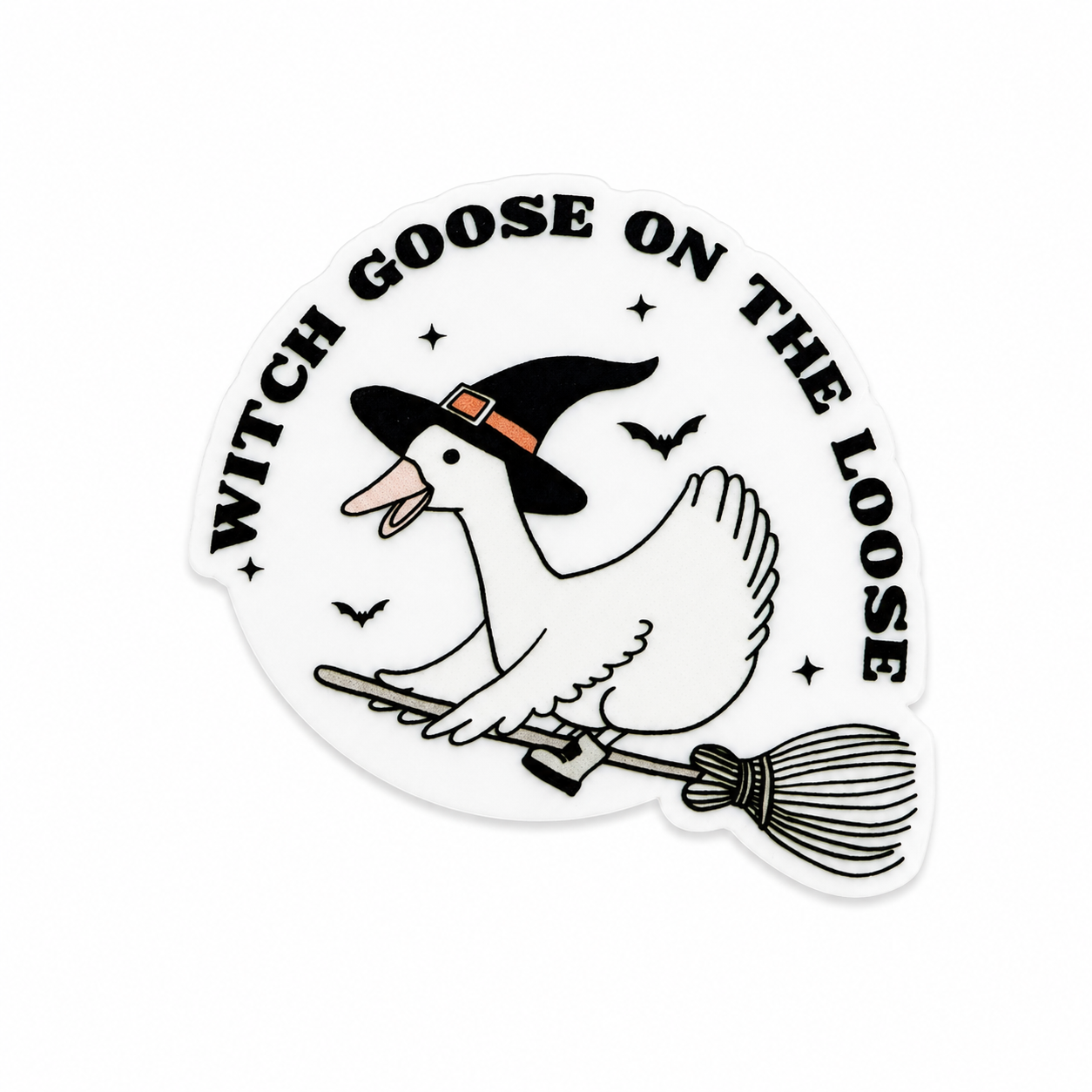 Plastic add-on featuring a goose wearing a witch hat riding a broomstick with the text WITCH GOOSE ON THE LOOSE, compatible with interchangeable badge reel bases.