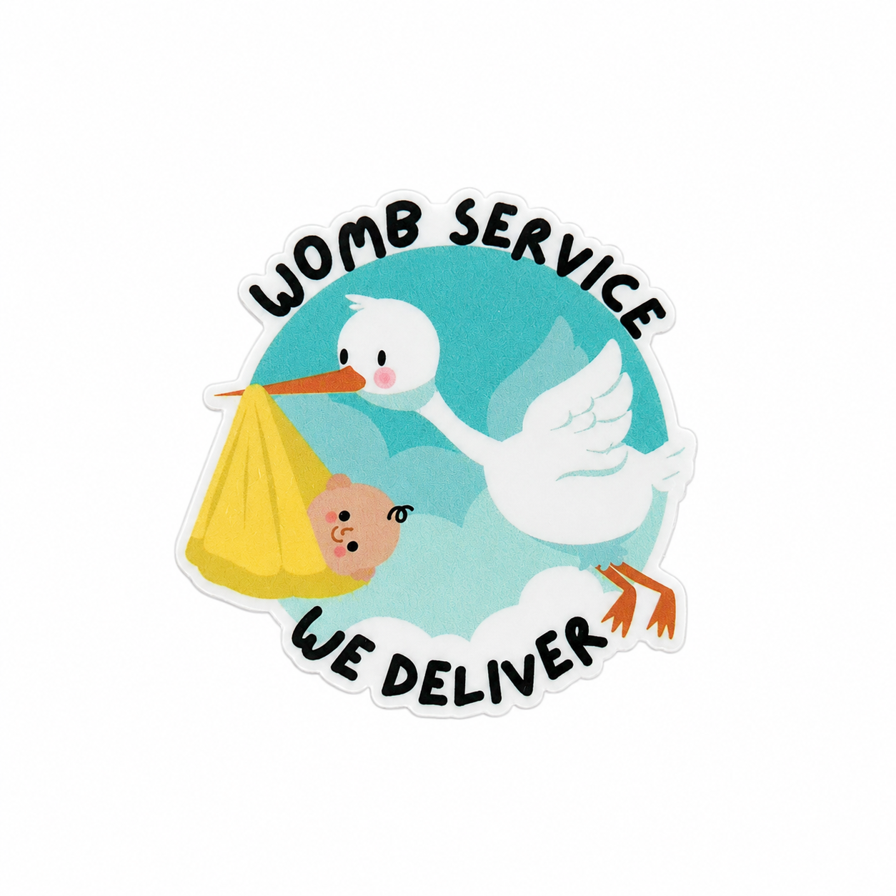 WOMB SERVICE WE DELIVER plastic add-on featuring a stork carrying a baby, compatible with interchangeable badge reel bases for Labor and Delivery nurses, OB/GYN staff, and maternity healthcare workers