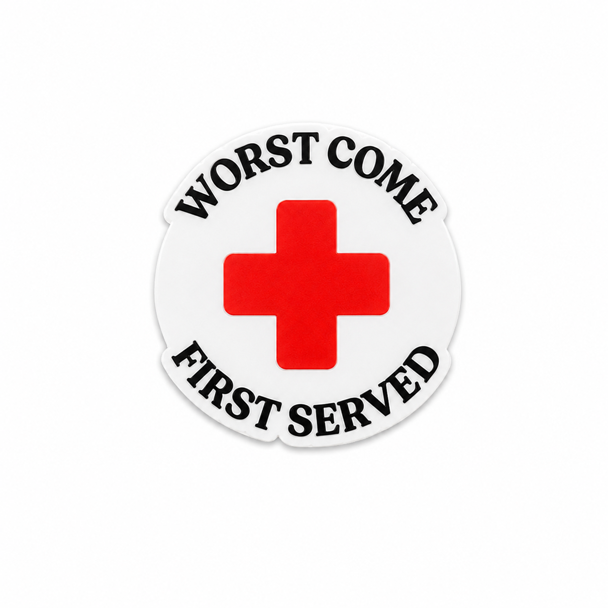 Worst Come First Served ER plastic add-on with red cross design, made as a funny emergency medicine work accessory compatible with interchangeable badge reel bases