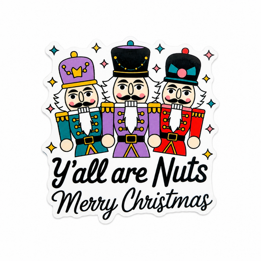 Y'all are Nuts Merry Christmas plastic add-on featuring colorful nutcrackers, compatible with interchangeable badge reel bases and perfect for holiday and Christmas lovers.