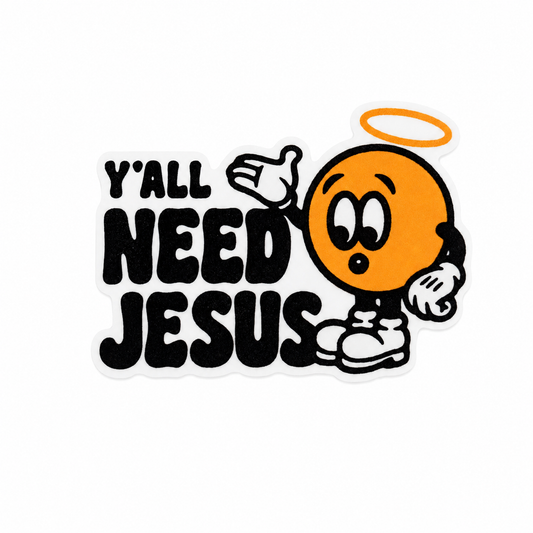 Y'all Need Jesus plastic add-on with orange halo character, compatible with interchangeable badge reel bases