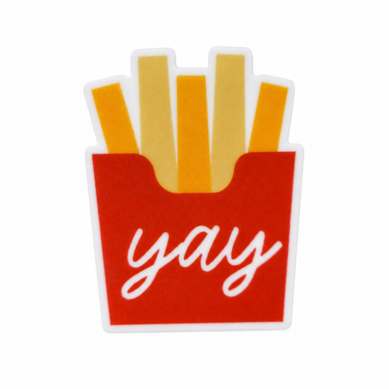 French-yay plastic add-on with red french fries design, compatible with interchangeable badge reel bases, perfect for food lover accessories.